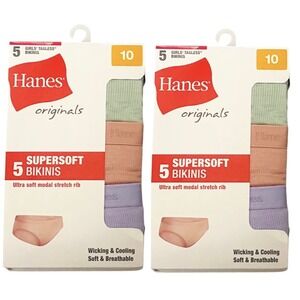 Hanes Originals Girls 10 Bikini Underwear SuperSoft Modal 5-Pack x2 Rib Pastels